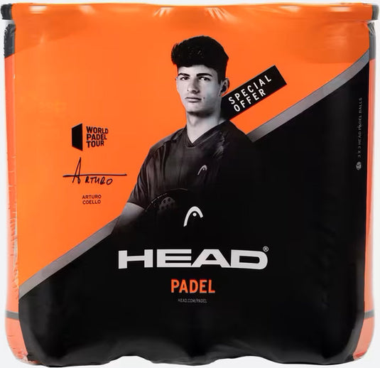 Pakket HEAD padelballen - 3 stuks - 9 padelballen met een atleet, Arturo Coello, met promotietags die een speciale aanbieding en World Padel Tour-sponsoring aangeven.
