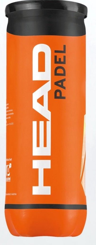Een container met het opschrift "HEAD padelballen - 3 pack - 9 padelballen" in vetgedrukte zwarte tekst op een oranje achtergrond, ontworpen om padelballen in te bewaren.