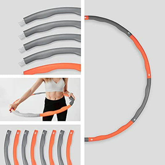 Collage van een Hoelahoep met gewicht in segmenten: close-ups van de samengevoegde en afzonderlijke stukken, en een vrouw die de hoelahoep gebruikt om haar buikspieren te trainen.