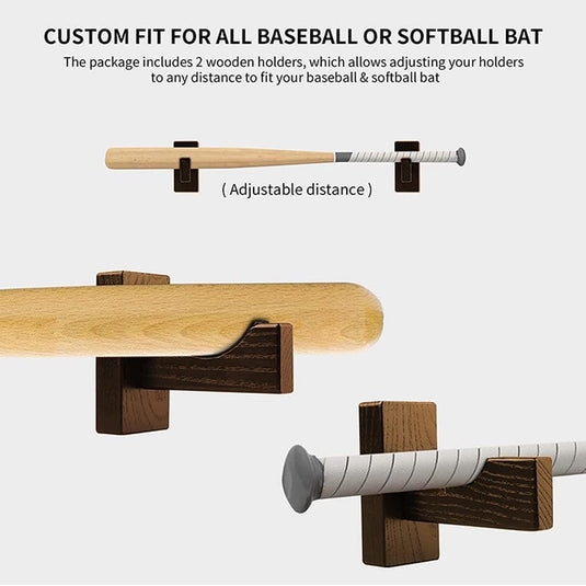Houten honkbalknuppel muursteunen en softbal knuppel rek met verstelbare afstandhouders voor de collectie presenteren.