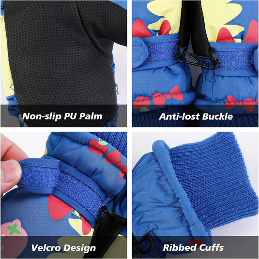 Close-upcollage met kenmerken van kinderskihandschoenen: antislip pu-handpalm, anti-verloren gesp, waterdicht ontwerp en geribde manchetten.