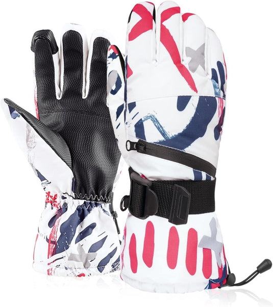 Een paar skihandschoenen met een patriottisch rood, wit en blauw ontwerp, voorzien van een touchscreen-functie.