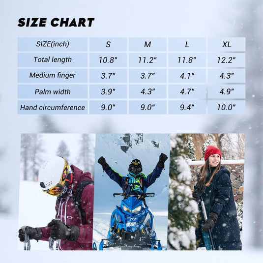 Een maattabel voor Houd je handen warm en geniet van de wintersport met deze skihandschoenen naast afbeeldingen van een skiër, een sneeuwscooter en een persoon in een besneeuwd bos.