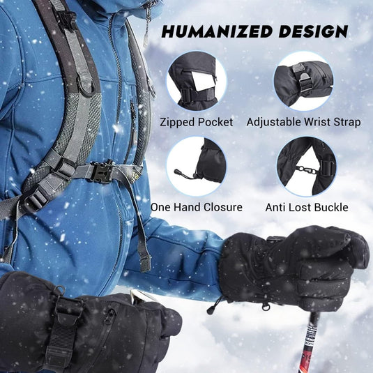 Advertentie voor winterkleding met een rugzak, skihandschoenen met touchscreen-functie en ontwerpkenmerken zoals een zak met ritssluiting en polsbanden, met sneeuw op de achtergrond.