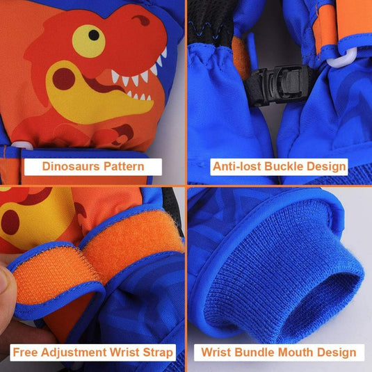 Productnaam: Dino Kids-skihandschoenen met anti-verloren gesp, verstelbare polsband en polsbundelmondontwerp