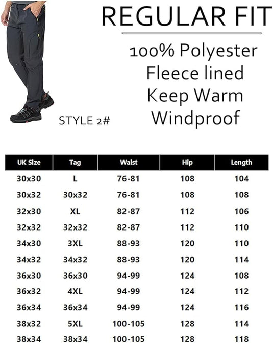 Advertentie voor Houd je warm en comfortabel in de koude met de heren wandel en skibroek, met links een mannelijk model en rechts een maattabel.