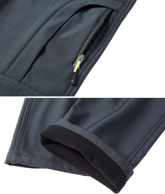 Close-up van Houd je warm en comfortabel in de koude met de heren wandel- en skibroekdetails, voorzien van een zak met ritssluiting en een manchet met klittenband, ontworpen met winddichte waterdichte stof.