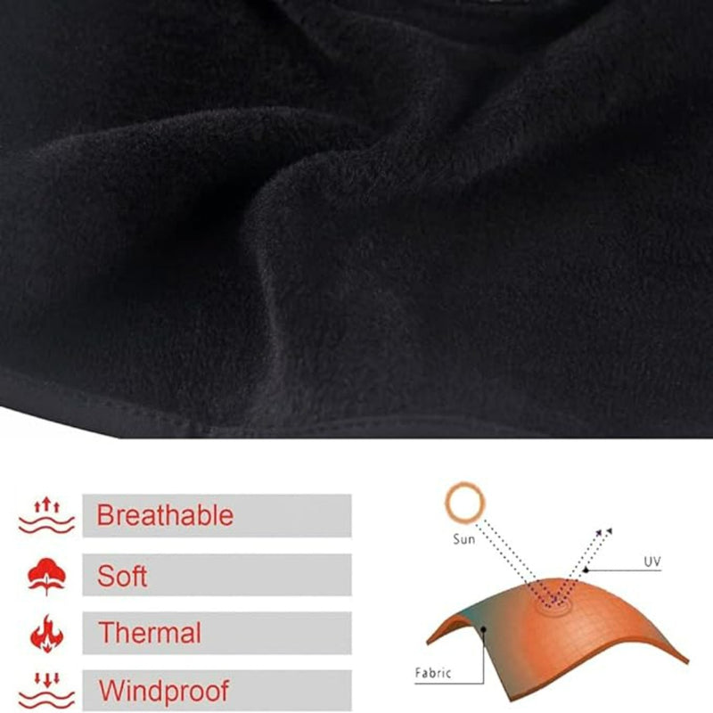 Laad afbeelding in Galerijviewer, Close-up van zwarte bivakmuts die speciaal is ontworpen voor winteractiviteiten, met een infographic die de uv-bescherming toont.
