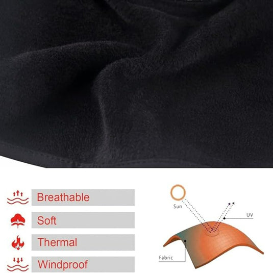 Close-up van zwarte bivakmuts die speciaal is ontworpen voor winteractiviteiten, met een infographic die de uv-bescherming toont.