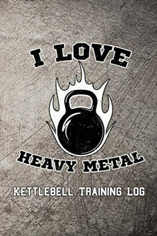 Een omslag van een trainingslogboek met de zin 'I love heavy metal', waarbij de nadruk wordt gelegd op kettlebell-training.
Productnaam: I Love Heavy Metal Kettlebell-trainingslogboek