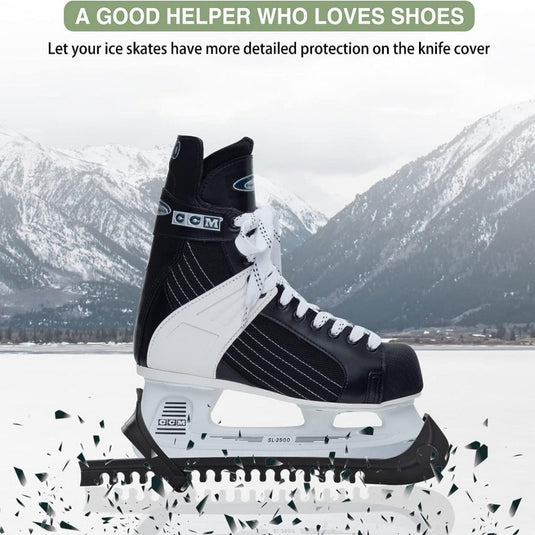 Een paar ijshockeyschaatsen met houd je schaatsen in topconditie tegen een besneeuwde bergachtergrond.