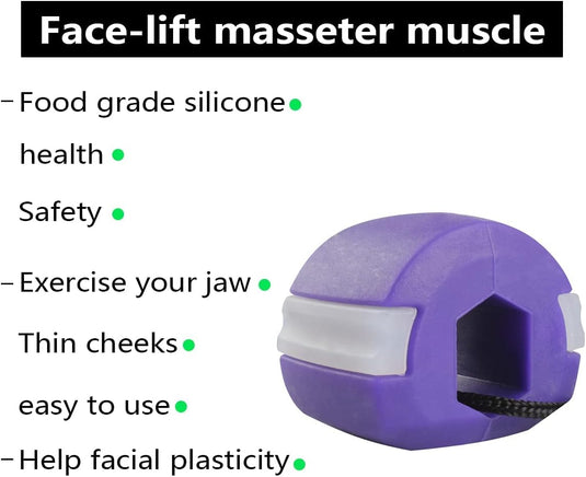 Paarse Jawline-trainerbal gemaakt van siliconen van voedingskwaliteit, geadverteerd voor het verbeteren van de gezichtsspiertonus en veiligheid.