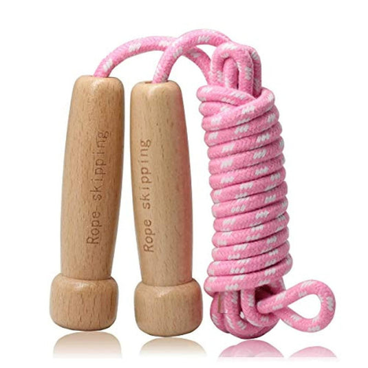 Houten-handgreep roze springtouw voor kinderen met netjes opgerolde touw. => Spring je weg naar gezond plezier met ons kindvriendelijke springtouw!