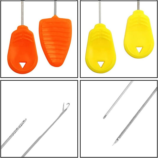 Vier afbeeldingen met accessoires voor ski-uitrusting: twee oranje en twee gele Karper haken en tuigjes aan de bovenkant, en twee soorten skistokken, die op tuigjes lijken, aan de onderkant.