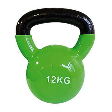 Groene 12 kg kettlebell met een zwart handvat, ideaal voor krachttraining.