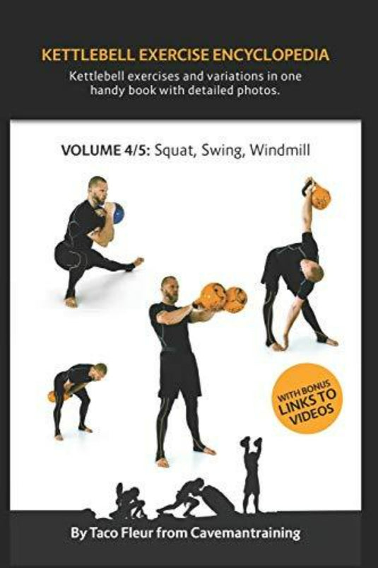 Een man demonstreert verschillende kettlebell-trainingsoefeningen voor Kettlebell Exercise Encyclopedia VOL 4: Kettlebell squat-, swing- en windmolenoefeningsvariaties in een instructieve boekomslag.