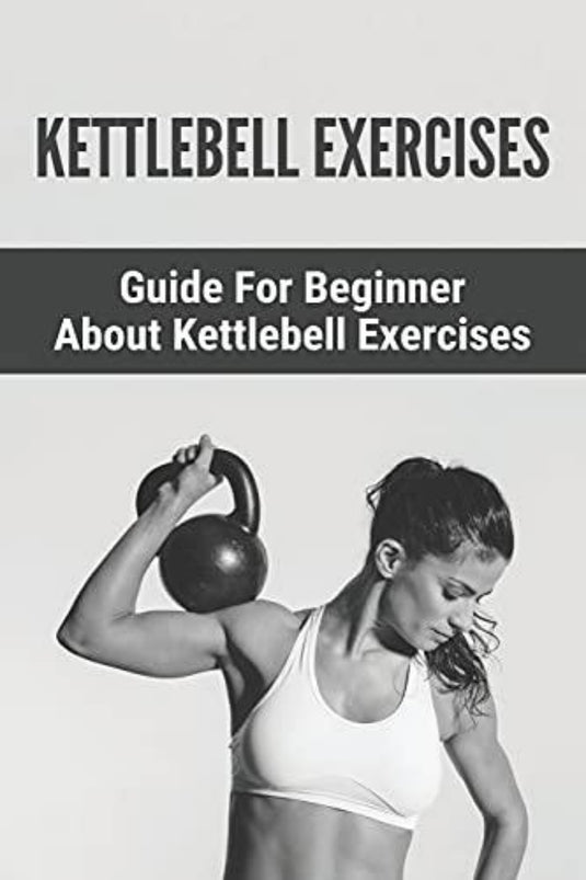 De cover van een kettlebell-oefengids toont een vrouw met een paardenstaart die een kettlebell van 8 kg optilt. De tekst hierboven luidt: