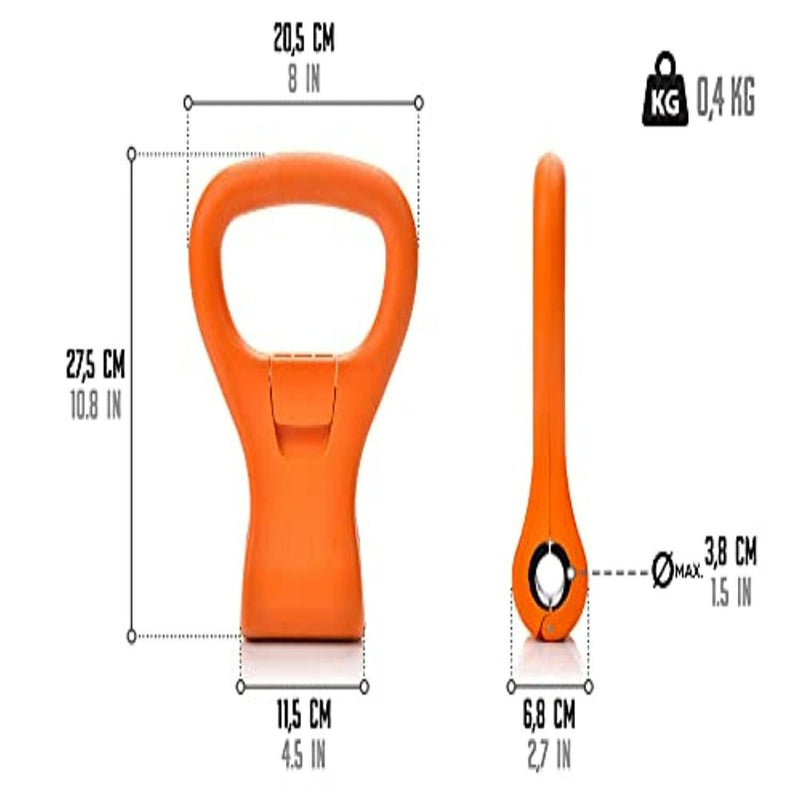 Laad afbeelding in Galerijviewer, Een oranje Kettlebell-handgreep, weergegeven in voor- en zijaanzicht met duidelijke numerieke afmetingen gemarkeerd voor breedte, hoogte en gewicht.
