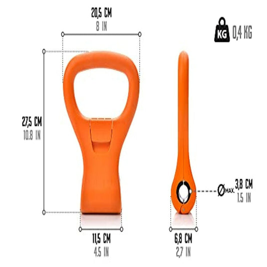 Een oranje Kettlebell-handgreep, weergegeven in voor- en zijaanzicht met duidelijke numerieke afmetingen gemarkeerd voor breedte, hoogte en gewicht.