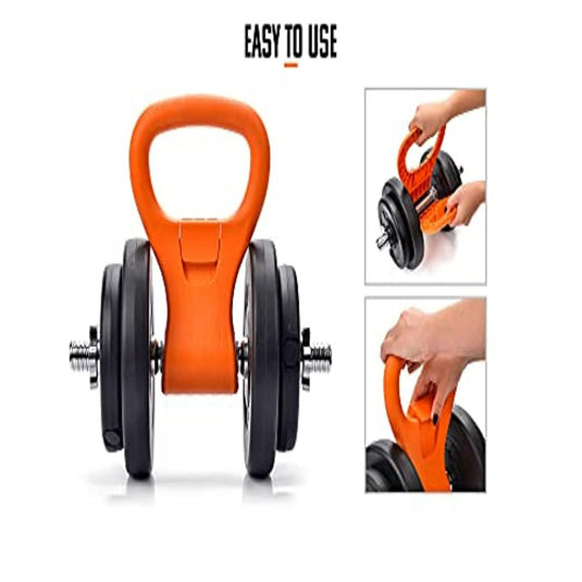 Oranje buikwiel met gemakkelijk vast te pakken De ultieme fitnessaccessoire voor thuistraining handgreep, weergegeven naast afbeeldingen die laten zien hoe u het apparaat in elkaar zet en vasthoudt.