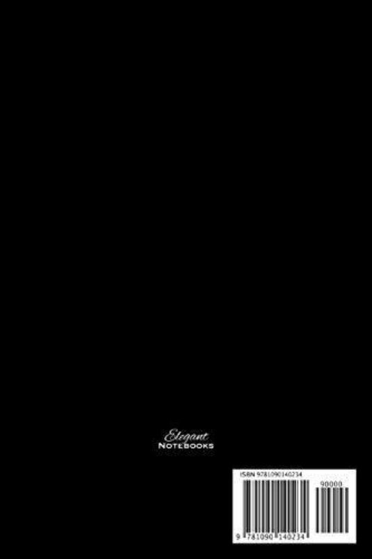 De achterkant van een strak zwart notitieboekje heeft een barcode rechtsonder,