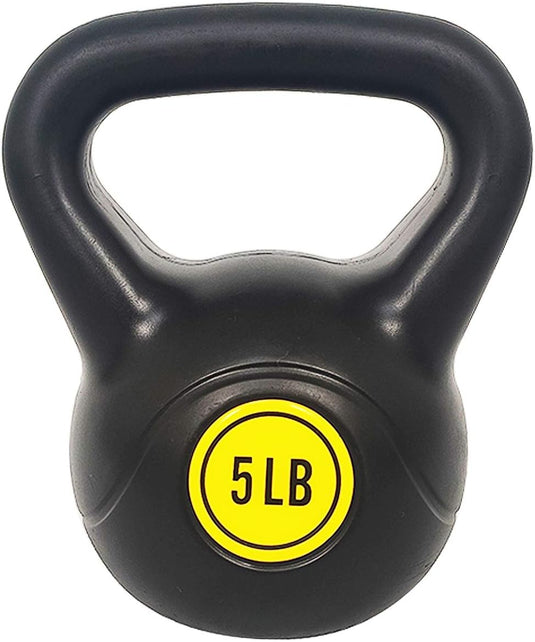 Zwarte Kettlebell-set van 5 pond: alles wat je nodig hebt voor een complete lichaamstraining met een gele en zwarte gewichtsindicator op de voorkant.