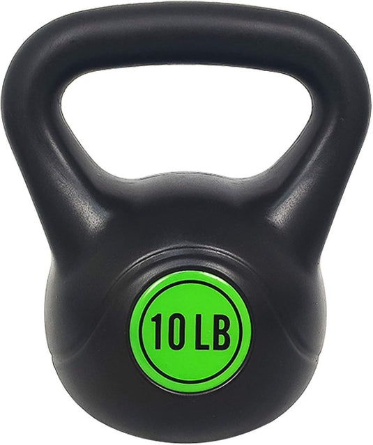 Een zwarte Kettlebell-set van 10 pond: alles wat je nodig hebt voor een complete lichaamstraining met een groene cirkel die het gewicht in het midden weergeeft.