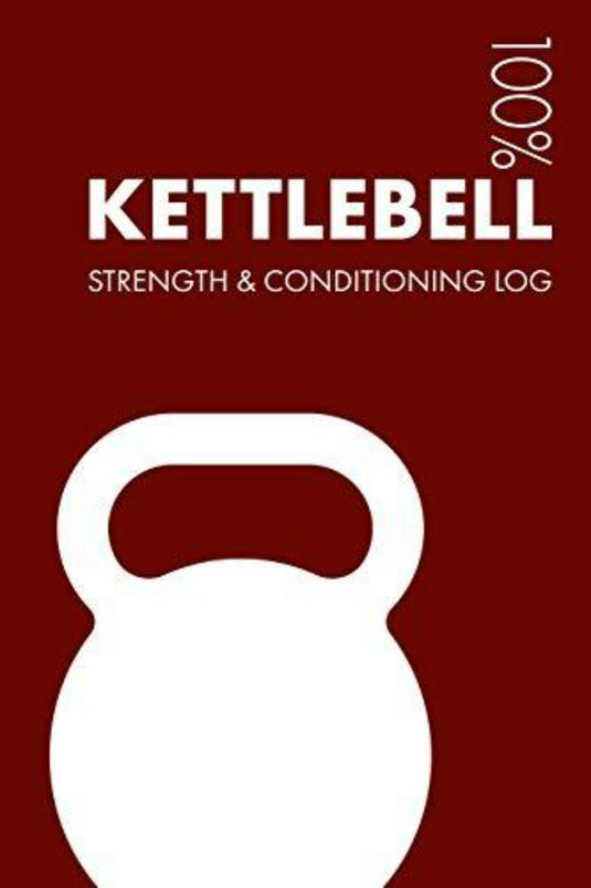 Cover van "Kettlebell kracht- en conditielogboek: dagelijks Kettlebell sporttrainingsdagboek en fitnessdagboek voor beoefenaars en instructeurs - Notebook" met een eenvoudig wit kettlebell-pictogram op een kastanjebruine achtergrond.