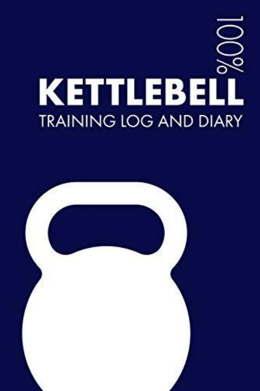 Het Kettlebell Training Log and Diary heeft een blauwe omslag met een wit kettlebell-ontwerp en de inscriptie