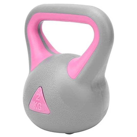 Ontdek de kracht van kettlebell oefeningen met deze 2KG kettlebell, grijs met roze accenten op het handvat, perfect voor full-body workouts.