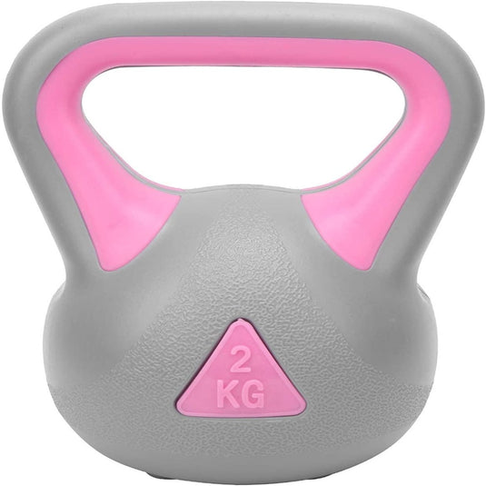 Ontdek de kracht van kettlebell oefeningen met deze 2KG kettlebell, grijs en roze op een witte achtergrond.