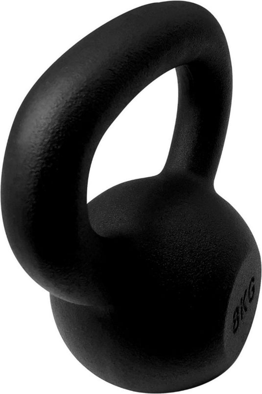 Een zwarte 8 kg "Kettlebells: de perfecte tool voor een complete workout" met gebogen handvat, gemaakt van duurzaam materiaal.