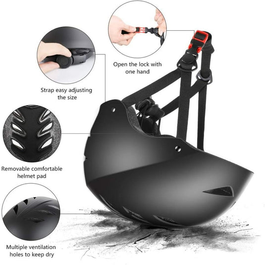 Kenmerken en gebruik van een zwarte verstelbare fietshelm met ventilatiegaten, uitneembare vulling en een veilig en comfortabel inclusief knie- en elleboogbeschermers.