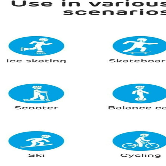 Iconen die verschillende activiteiten uitbeelden: schaatsen, skateboarden, scooteren, balanceboarden, skiën en fietsen met Skate beschermingsset voor kinderen: veilig en comfortabel.