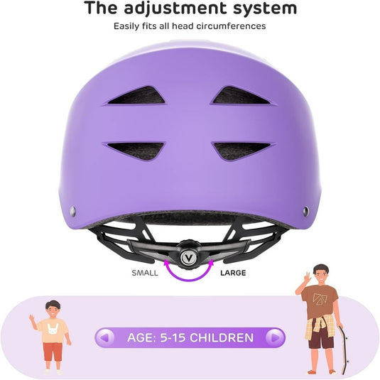 Verstelbare paarse kinderhelm met maatverstelsysteem en skatebeschermingsset voor kinderen: veilig en comfortabel inclusief knie- en elleboogbeschermers voor kinderen van 5-15 jaar.