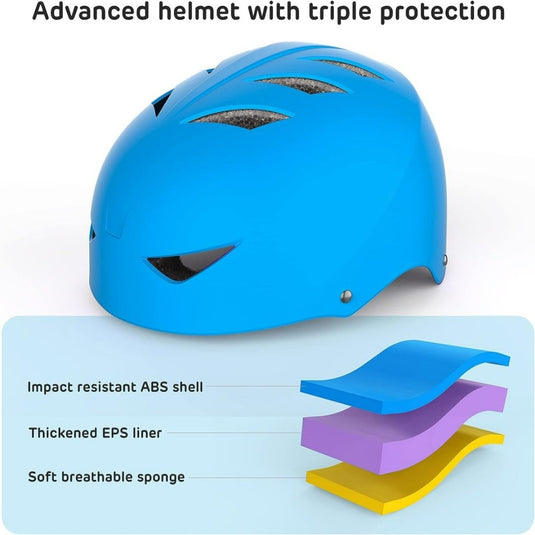 Blauwe geavanceerde Skate beschermingsset voor kinderen: veilig en comfortabel met drielaagse bescherming.