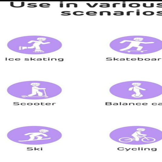 Pictogrammen die verschillende vormen van persoonlijk vervoer en recreatieve activiteiten weergeven: schaatsen, skateboarden, scooteren, het gebruik van een loopauto, skiën en fietsen met toegevoegde afbeelding van Skate beschermingsset voor kinderen: veilig en comfortabel.