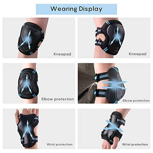 Een reeks afbeeldingen van beschermingsmateriaal dat op de knie, elleboog en pols wordt gedragen voor skeelerbescherming, en laat zien hoe elk stuk wordt gedragen voor optimale veiligheid.