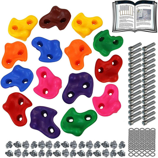 Deze levendige set veilige en duurzame klimgrepen bevat schroeven, sluitringen en een handleiding, ideaal voor kinderen die klimmen.