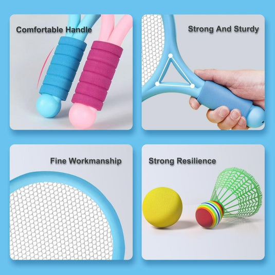 Vier close-upkenmerken van een Kinderen-badmintonset die de comfortabele handgreep, stevigheid, vakmanschap en veerkracht van het product benadrukken.