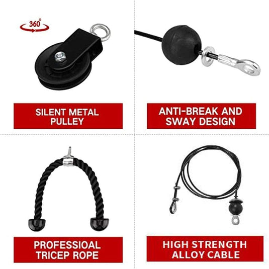 Vier afbeeldingen van accessoires voor fitnessapparatuur voor thuis trainen: een krachtig en soepel trainen met het kabelkatrolsysteem, een kabel met anti-breek- en slingerontwerpkenmerken, een professioneel tricepstouw en een kabel van een zeer sterke legering.