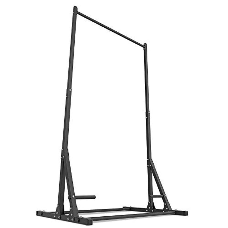 Laad afbeelding in Galerijviewer, Een zwart metalen Pull-up en dip-station met een stevige basis en bovenstang, geïsoleerd op een witte achtergrond.

