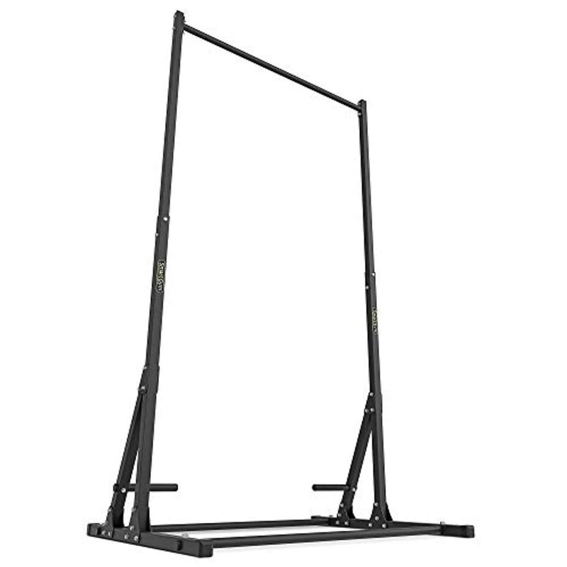 Laad afbeelding in Galerijviewer, Een zwart vrijstaand Pull up en dip station - De ultieme krachttraining voor thuis frame op een witte achtergrond.
