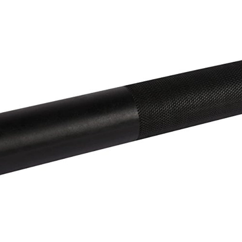 Laad afbeelding in Galerijviewer, Close-up van een zwart getextureerd rubberen handvat, waarschijnlijk onderdeel van een Halterstang met veersluiting voor professionele gebruikers: veilig en betrouwbaar gemaakt van hoogwaardig staal, tegen een witte achtergrond.
