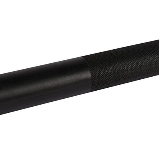 Close-up van een zwart getextureerd rubberen handvat, waarschijnlijk onderdeel van een Halterstang met veersluiting voor professionele gebruikers: veilig en betrouwbaar gemaakt van hoogwaardig staal, tegen een witte achtergrond.