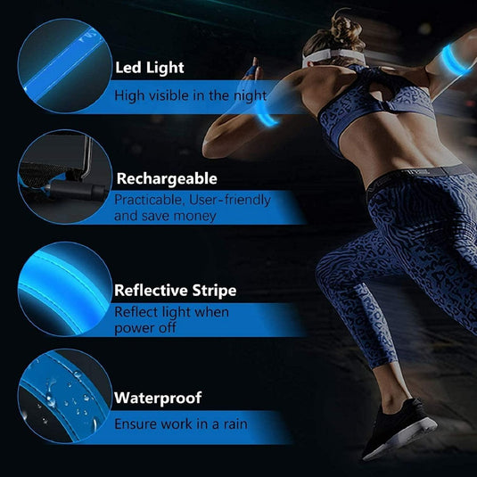 Een vrouw rent veilig in het donker, gekleed in LED-armbanden en een atletiekoutfit met blauw patroon en Oplaadbare hardloopverlichting: blijf veilig en zichtbaar in het donker, met reflecterende strepen en een waterdicht ontwerp.