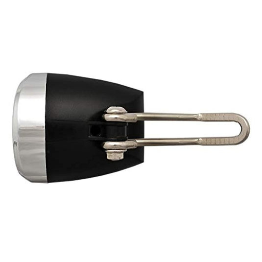 Een zwart-zilveren draagbare handmatige koffiemolen met een eraan bevestigde metalen handslinger, met Heldere fietslamp met StVZO-goedkeuring: veilig en beheerd, geïsoleerd op een witte achtergrond.