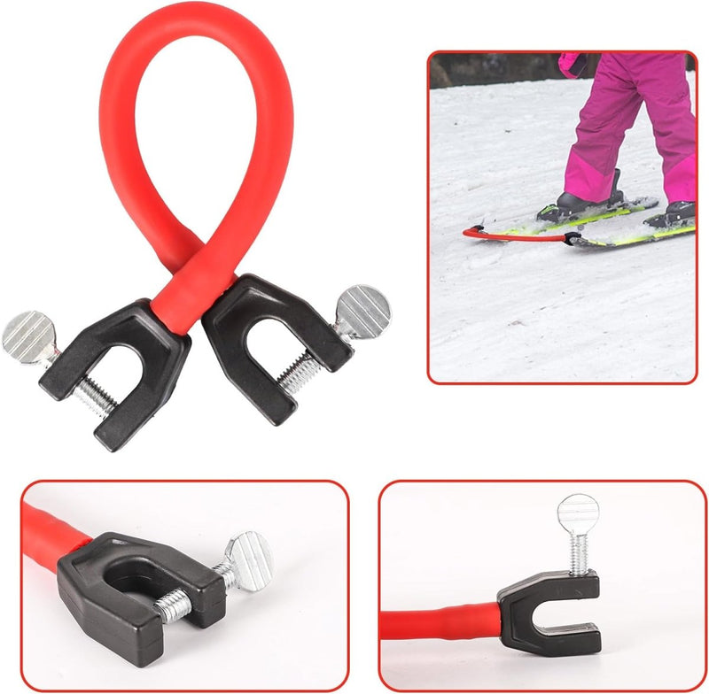 Laad afbeelding in Galerijviewer, Leer je kinderen skiën met deze skitipconnector remhouder met clips, gedetailleerd tentoongesteld en in gebruik op een ski met roze broek zichtbaar op de achtergrond.
