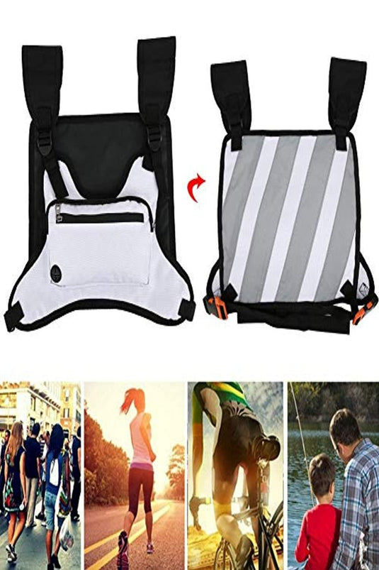 Collage met een Ontdek de ultieme borsttas in twee weergaven, met een aanpasbare pasvorm, en afbeeldingen van mensen die buiten lopen, rennen en fietsen.
