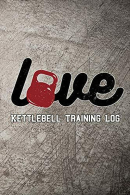 Omslag van een 'Love Kettlebell Training Log: Houd je trainingsvoortgang bij' met een gestileerd hart dat de 'o' van 'love' vervangt op een gestructureerde achtergrond.